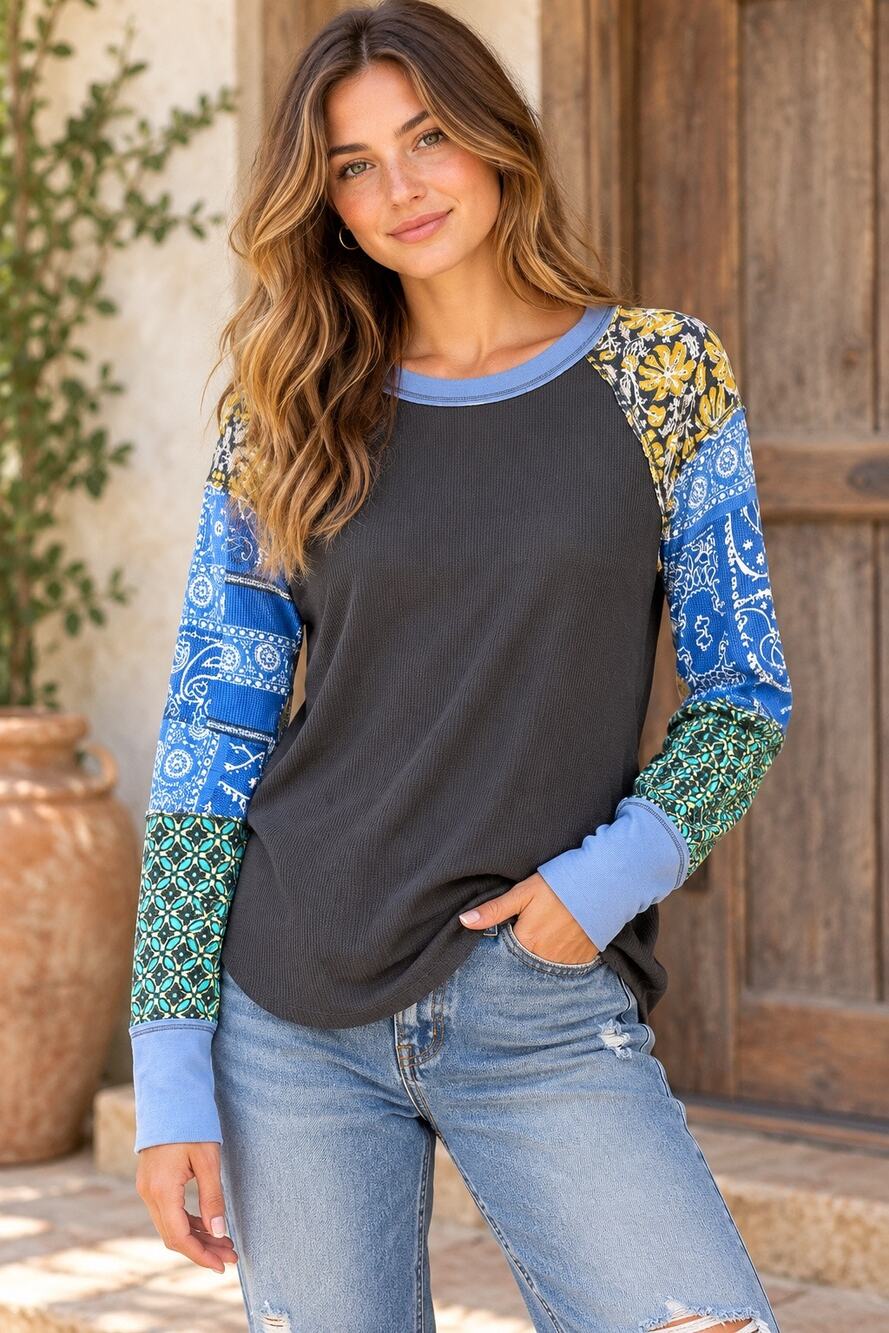 We The Free Free People XXS Patchwork Thermal Long Sleeve Top Boho Bandana